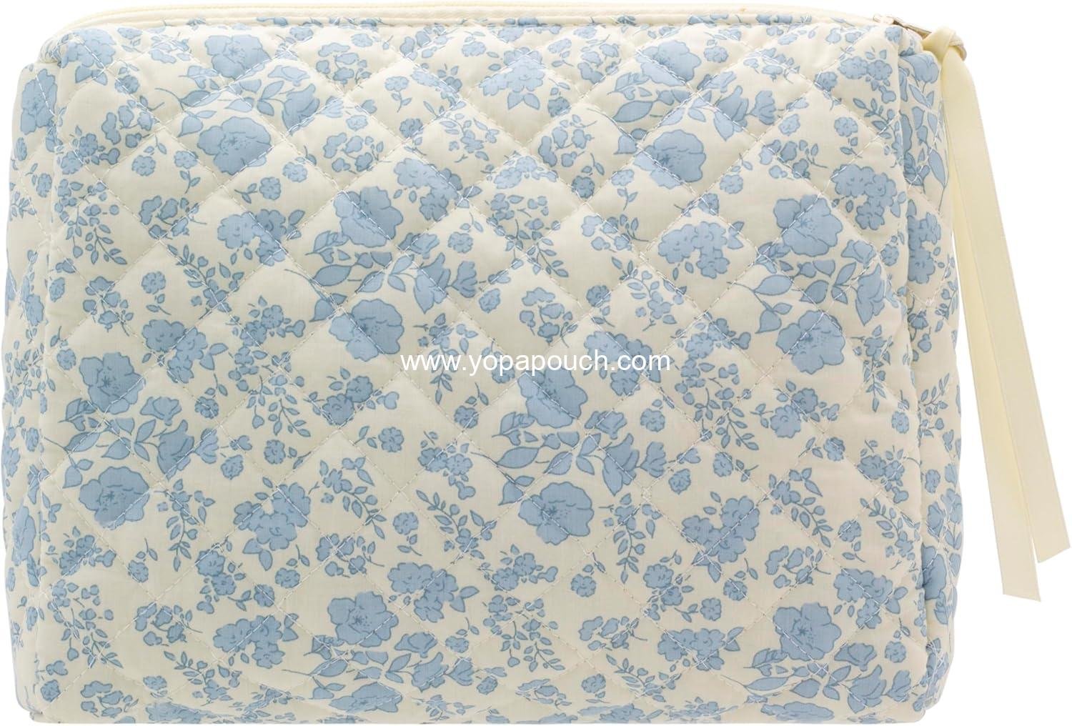 PAZIMIIK Quilted Makeup Bag Large Travel Zipper Soft Cosmetic Pouch for Women Girls Make Up,Little Flower Blue