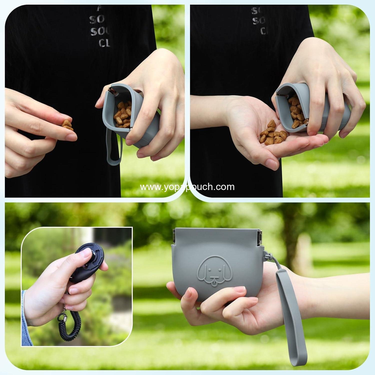 Wholesale Silicone Dog Treat Pouch Small Bag with Auto Closure and Pet Training Clicker, Pocket Size for Dogs and Cats, Easy to Clean and Odorless (dark gray) Supplier