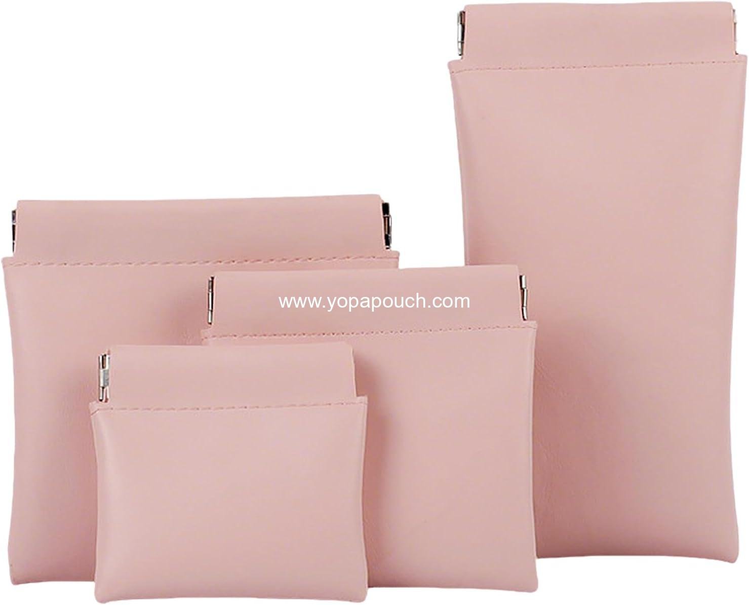 4 PCS Small Makeup Bag for Purse, Purse Organizer Pouches,Personalized Snap Closure Leather Organizer Pouch, Mini No Zipper Self-Closing Pouchie, Coin Purse Lipstick Travel Kit Storage Pouch (Pink)