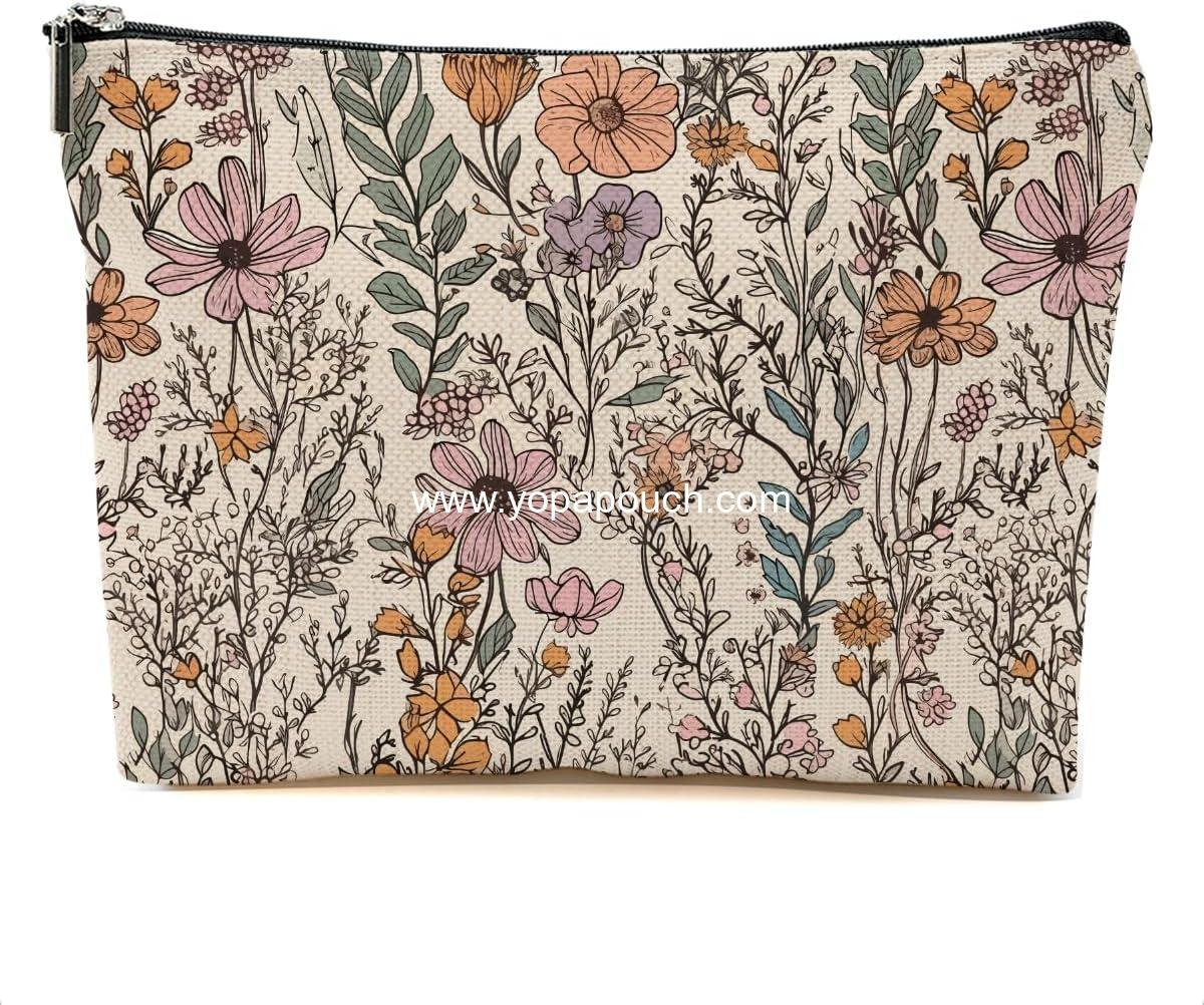 Secret Santa Gifts Vintage Wildflowers Makeup Bag Floral Garden Flower Cosmetic Bag Friend Friendship Gifts for Women Girls Sister Coworker Botanical Zipper Pouch Christmas Thanksgiving Birthday Gift