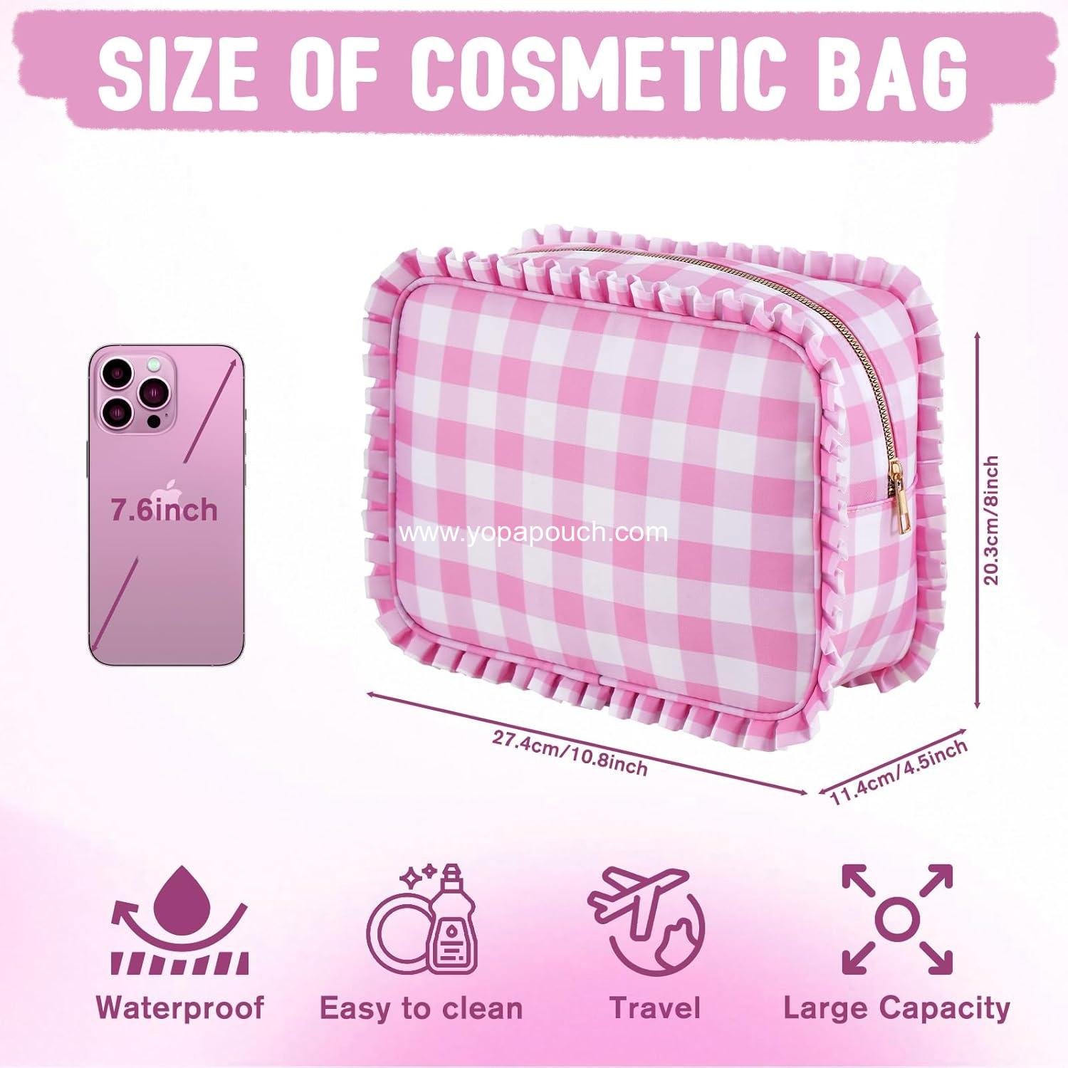 Wholesale Gingham Ruffle Makeup Bag, Large Pink Cosmetic Organizer 10.8 x 4.5 x 8 inches for Women and Girls, Toiletry Bag - Supplier