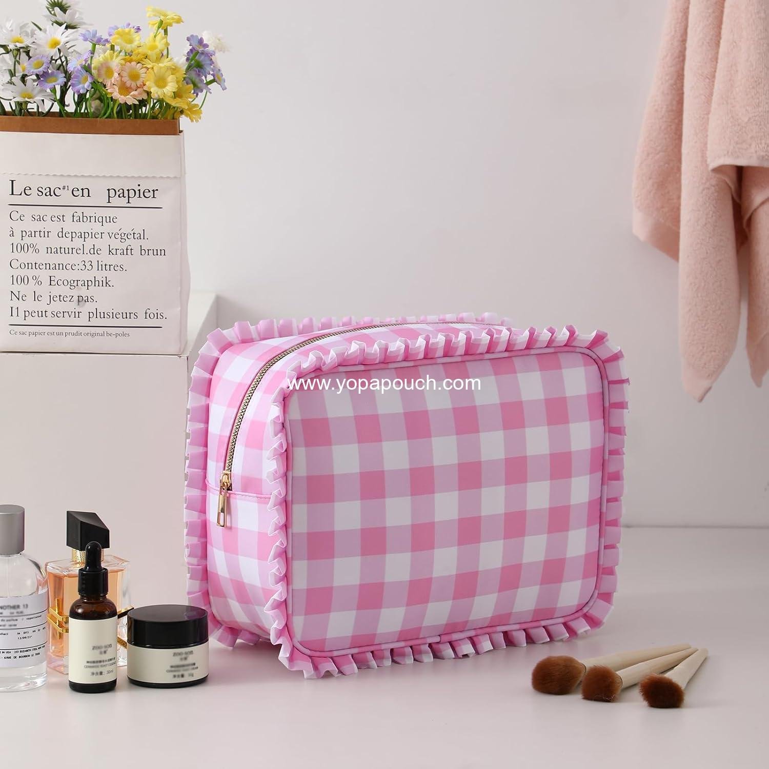 Wholesale Gingham Ruffle Makeup Bag, Large Pink Cosmetic Organizer 10.8 x 4.5 x 8 inches for Women and Girls, Toiletry Bag - Supplier