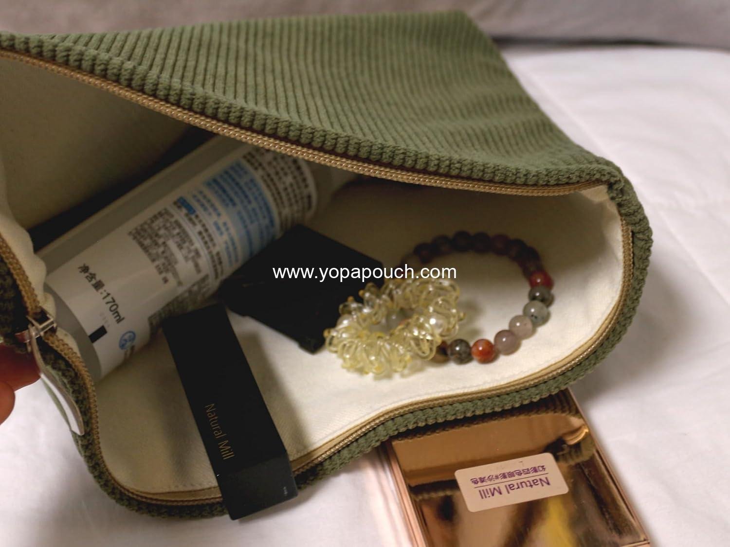 Wholesale Navy Green Corduroy Makeup Bag Cosmetic Toiletry Travel Pouch Makeup Accessory Organizer Canvas Lined Factory