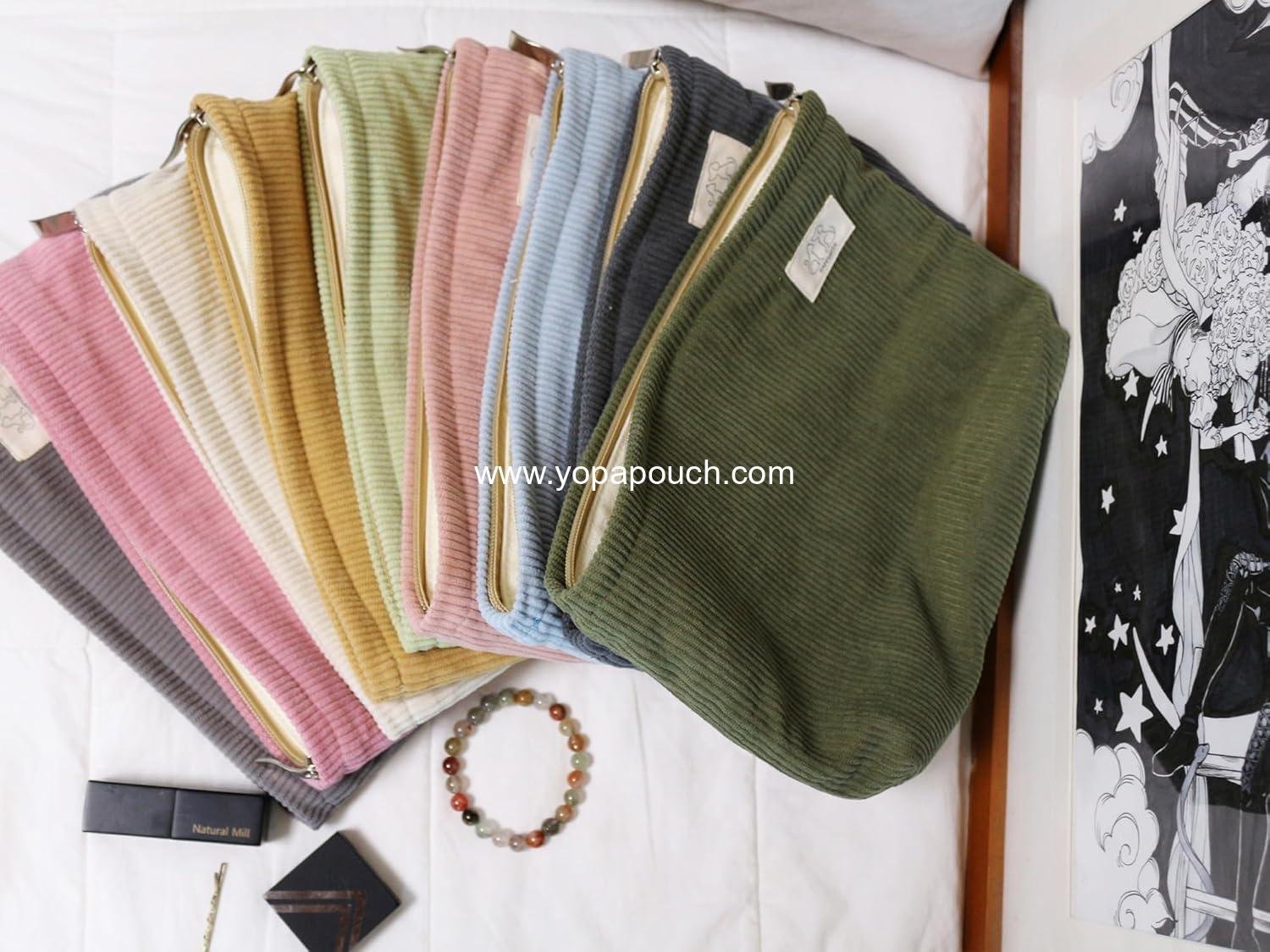 Wholesale Navy Green Corduroy Makeup Bag Cosmetic Toiletry Travel Pouch Makeup Accessory Organizer Canvas Lined Factory