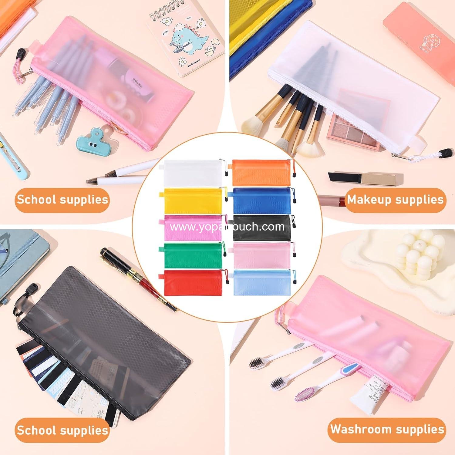 Wholesale 36pcs Waterproof Plastic Double Layer Zipper File Bags 9 x 4.5 inches Invoice Pouches Bill Bags Pencil Cases Pen Bags (8 Colors) Supplier