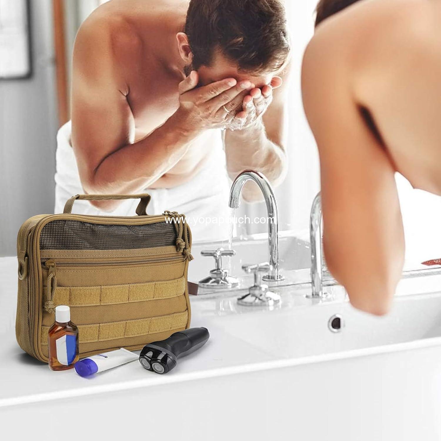 Wholesale Tactical Toiletry Bag for Men - Travel Organizer Dopp Kit for Short Trips, Shaving and Hygiene Essentials, Bathroom Hanging Storage, Brown Manufacturer