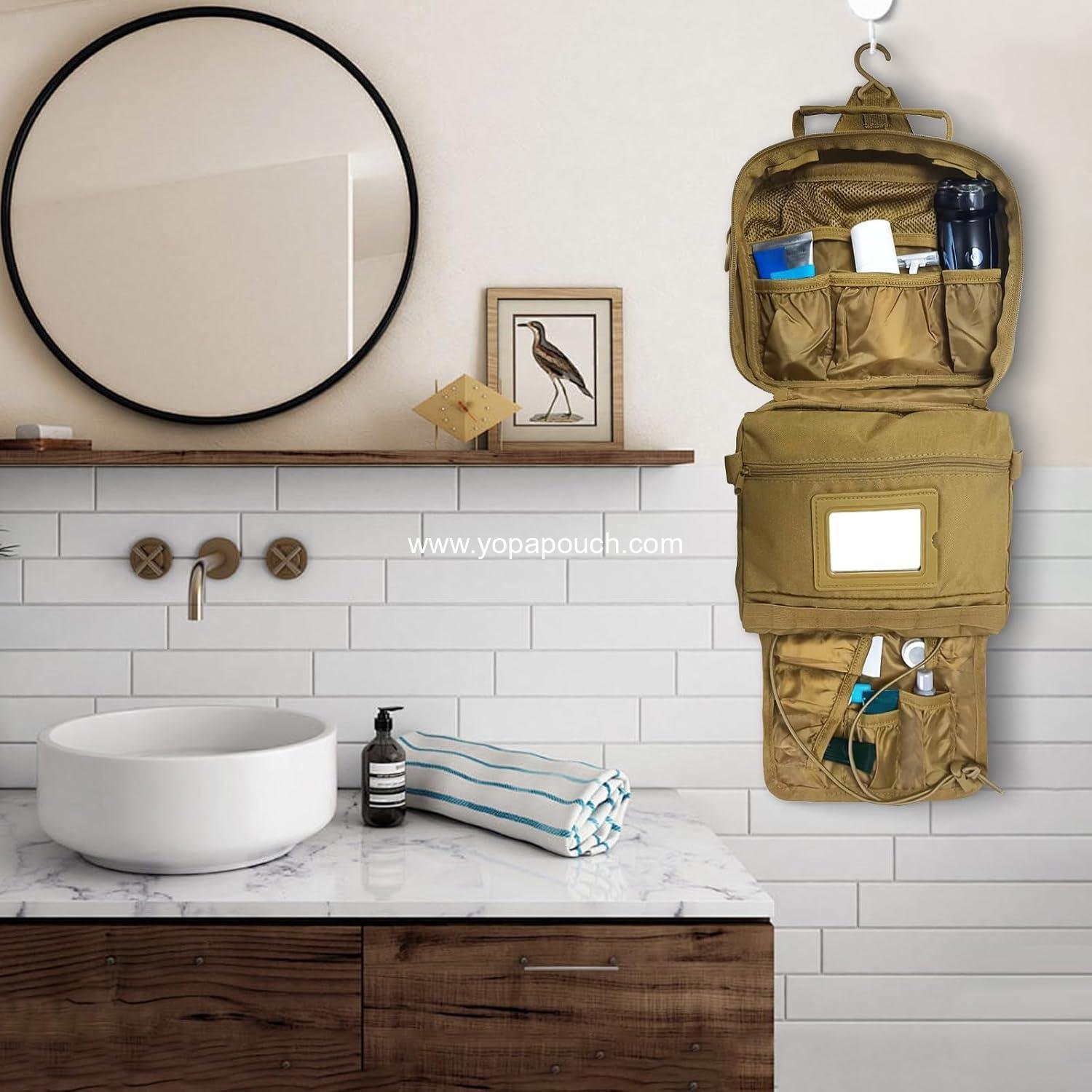 Wholesale Tactical Toiletry Bag for Men - Travel Organizer Dopp Kit for Short Trips, Shaving and Hygiene Essentials, Bathroom Hanging Storage, Brown Manufacturer