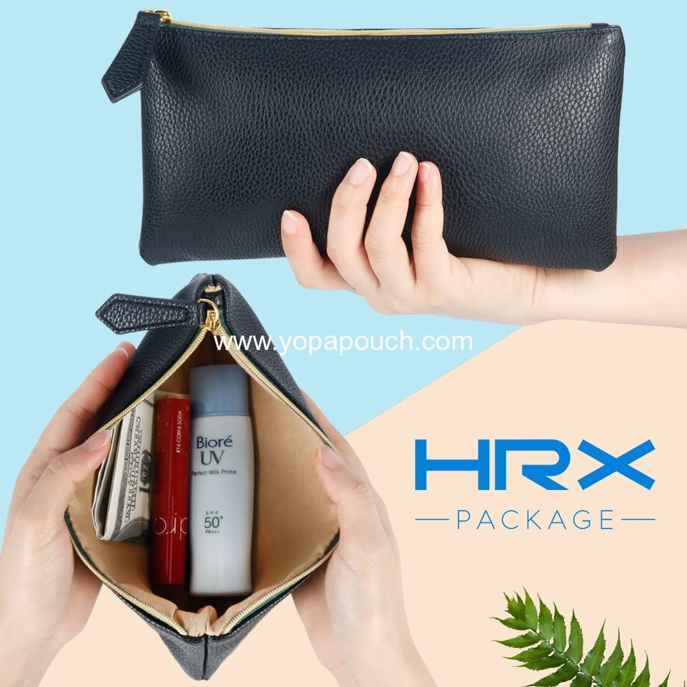 Wholesale Soft Faux Leather Cosmetic Bag Set with 2 Black Makeup Brushes - Zipper Pouch Travel Organizer Case for Purse or Diaper Bag Supplier