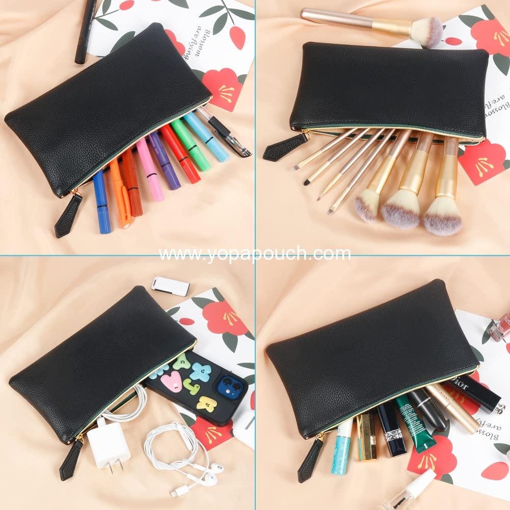 Wholesale Soft Faux Leather Cosmetic Bag Set with 2 Black Makeup Brushes - Zipper Pouch Travel Organizer Case for Purse or Diaper Bag Supplier