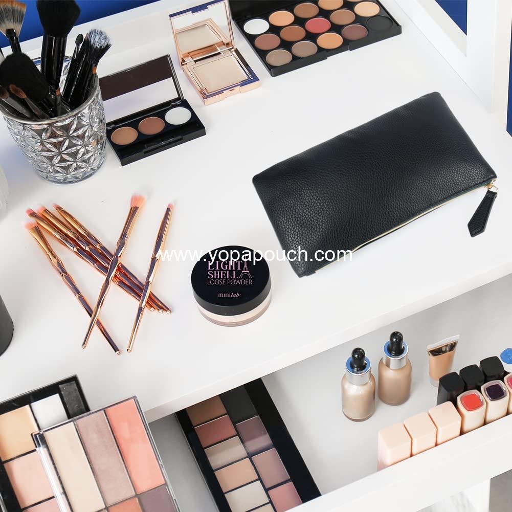 Wholesale Soft Faux Leather Cosmetic Bag Set with 2 Black Makeup Brushes - Zipper Pouch Travel Organizer Case for Purse or Diaper Bag Supplier