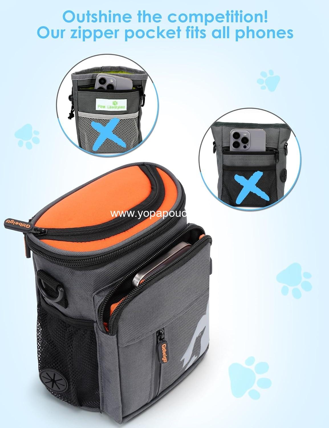 Wholesale 8 Cup Dog Treat Pouch - 3 Ways to Wear Training & Walking Bag with Built-in Poop Bag Dispenser, Large Phone Friendly (Gray & Orange) Supplier