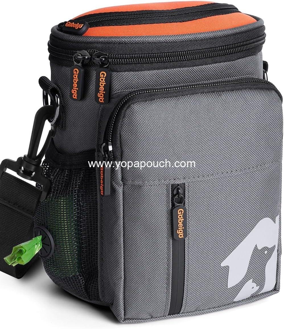 Gobeigo【8 Cup Dog Treat Pouch【3 Ways to Wear 】 Treat Bag for Training & Walking, Built-in Poop Bag Dispenser, Large Phone Friendly (Gray & Orange)