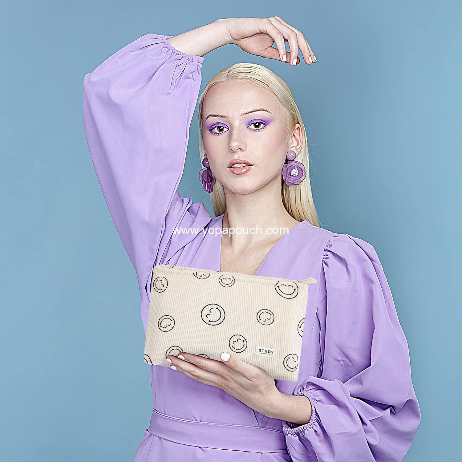 Wholesale Smile Face Corduroy Makeup Bag Set - 2pcs Zipper Waterproof Cosmetic Pouch, Travel Toiletry, Small Pencil Case, Coin Purse for Women - Supplier