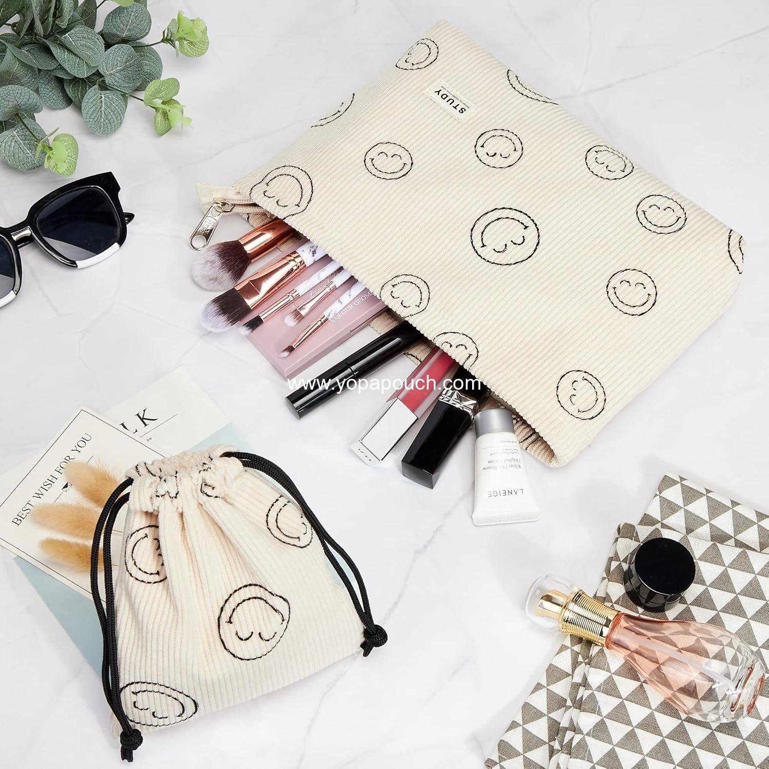 Wholesale Smile Face Corduroy Makeup Bag Set - 2pcs Zipper Waterproof Cosmetic Pouch, Travel Toiletry, Small Pencil Case, Coin Purse for Women - Supplier