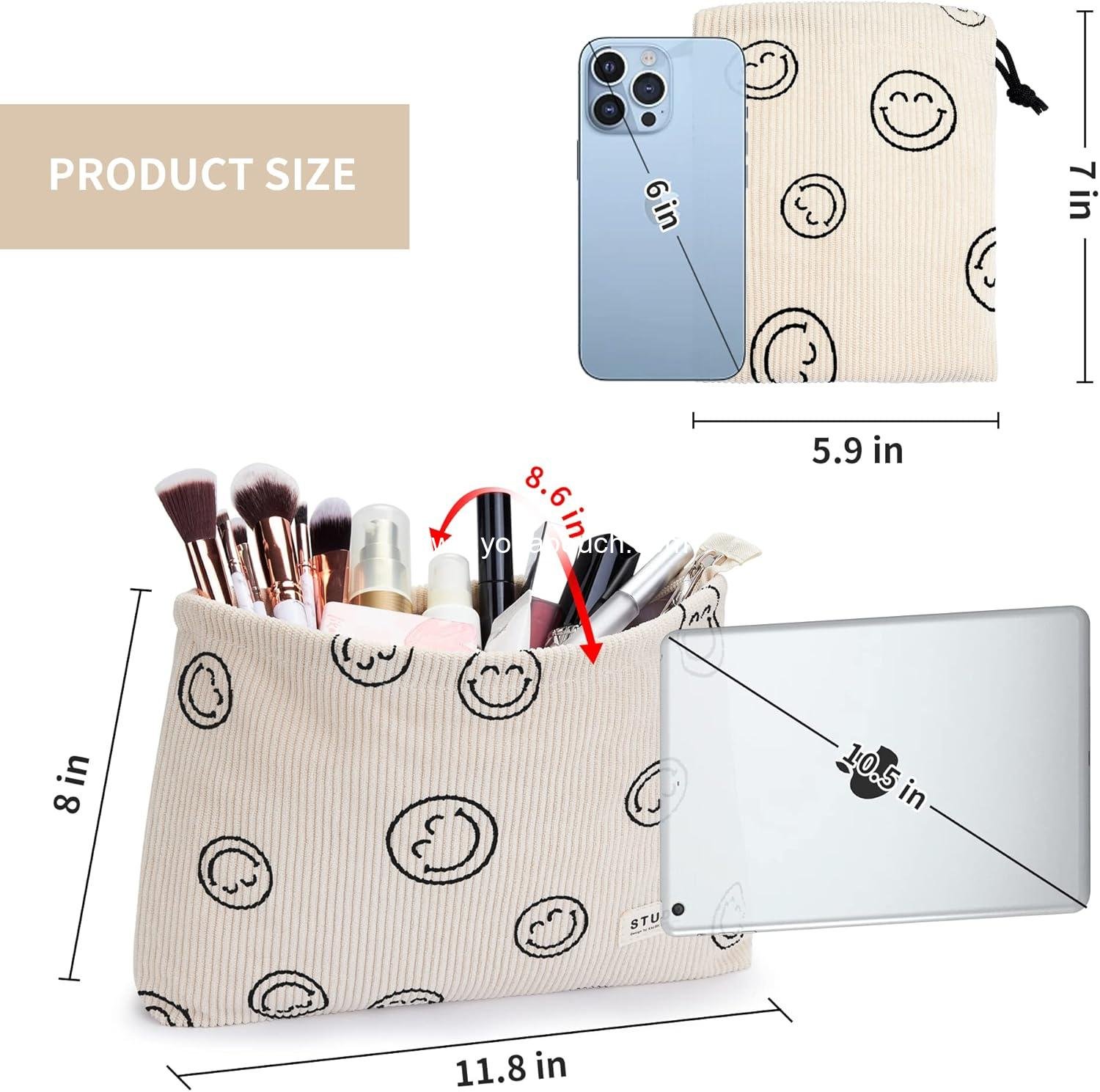 Wholesale Smile Face Corduroy Makeup Bag Set - 2pcs Zipper Waterproof Cosmetic Pouch, Travel Toiletry, Small Pencil Case, Coin Purse for Women - Supplier