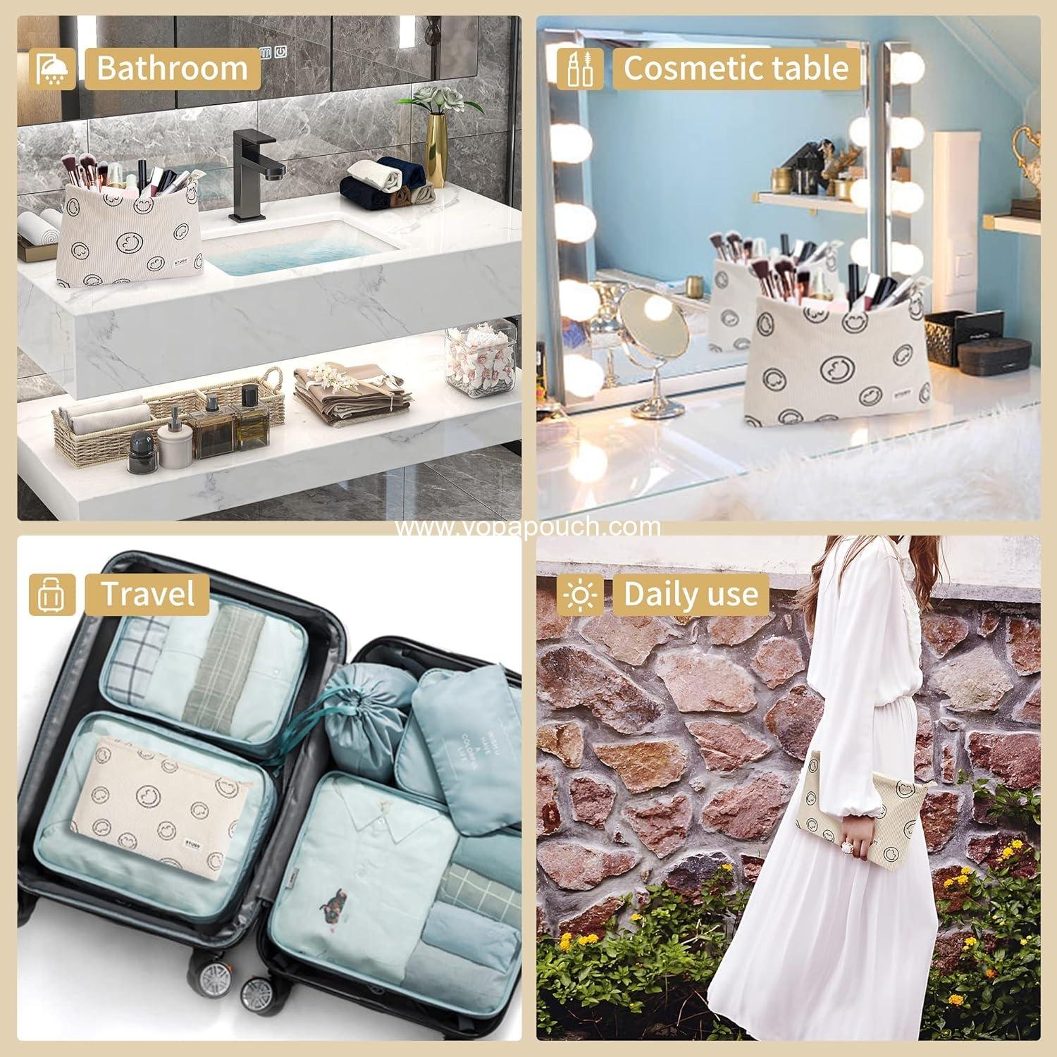 Wholesale Smile Face Corduroy Makeup Bag Set - 2pcs Zipper Waterproof Cosmetic Pouch, Travel Toiletry, Small Pencil Case, Coin Purse for Women - Supplier