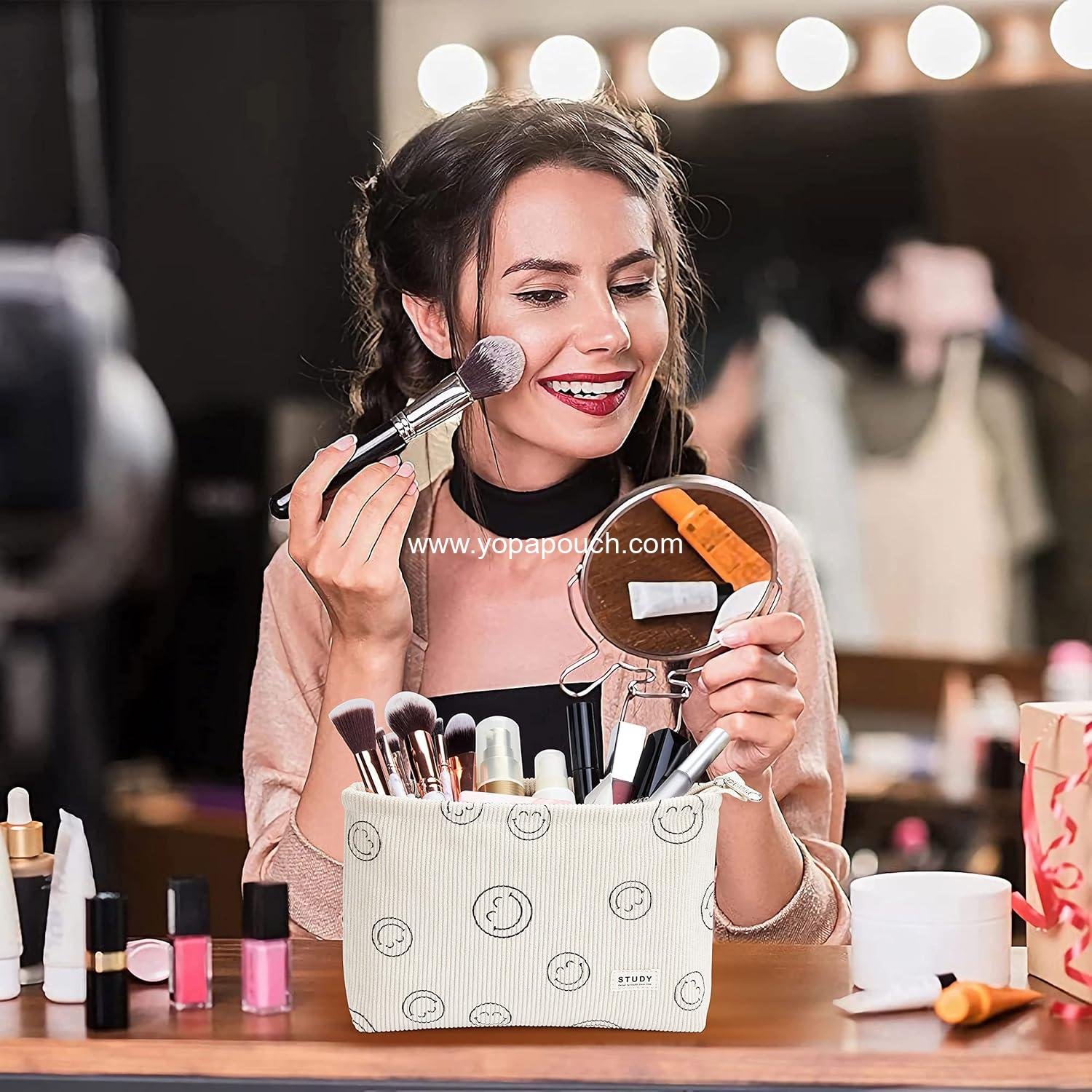 Wholesale Smile Face Corduroy Makeup Bag Set - 2pcs Zipper Waterproof Cosmetic Pouch, Travel Toiletry, Small Pencil Case, Coin Purse for Women - Supplier