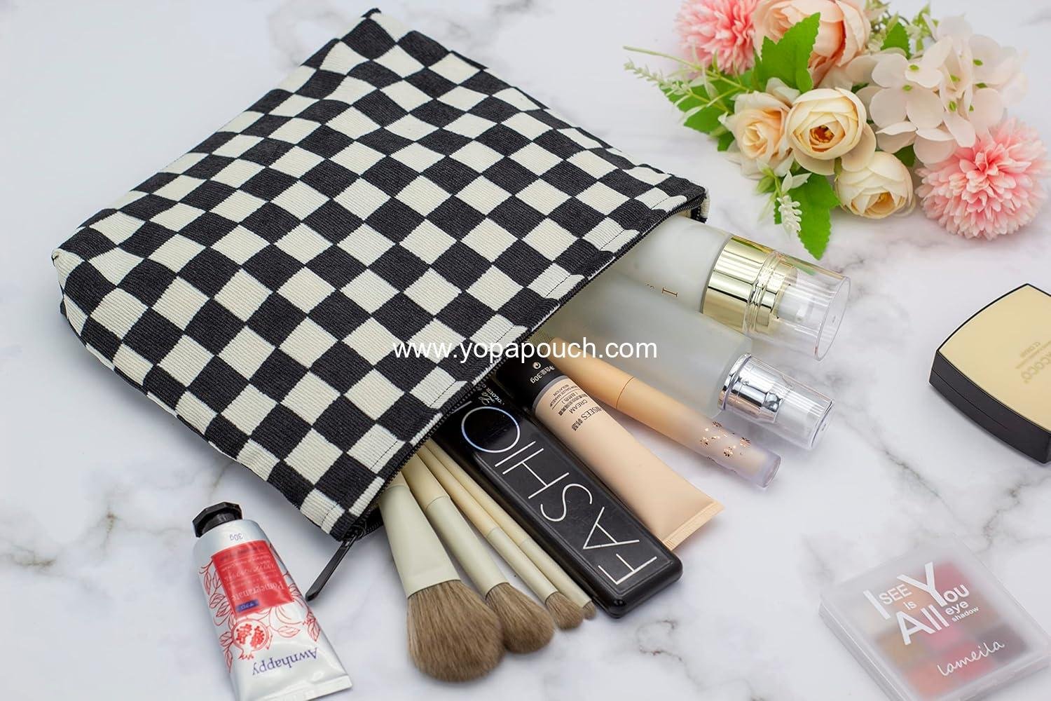 Wholesale Large Corduroy Makeup Bag with Zipper – Checkered Black Cosmetic Organizer for Women Travel Pouch and Brush Storage, Supplier Wholesale Large Corduroy Makeup Bag with Zipper – Checkered Black Cosmetic Organizer for Women Travel Pouch and Brush Storage, Supplier