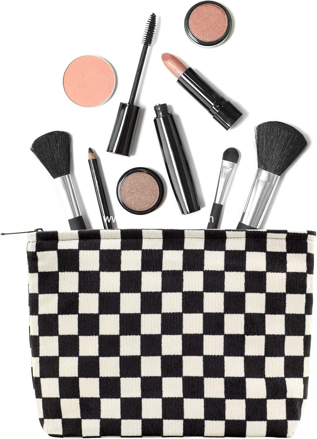 Wholesale Large Corduroy Makeup Bag with Zipper – Checkered Black Cosmetic Organizer for Women Travel Pouch and Brush Storage, Supplier Wholesale Large Corduroy Makeup Bag with Zipper – Checkered Black Cosmetic Organizer for Women Travel Pouch and Brush Storage, Supplier