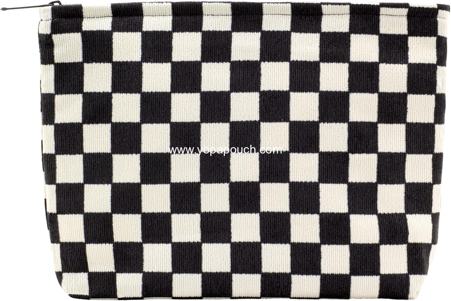 PAZIMIIK Makeup Bag Large Zipper Corduroy Make Up Pouch for Purse Travel Canvas Cosmetic Organizer for Women Brush Storage,Checkered Black