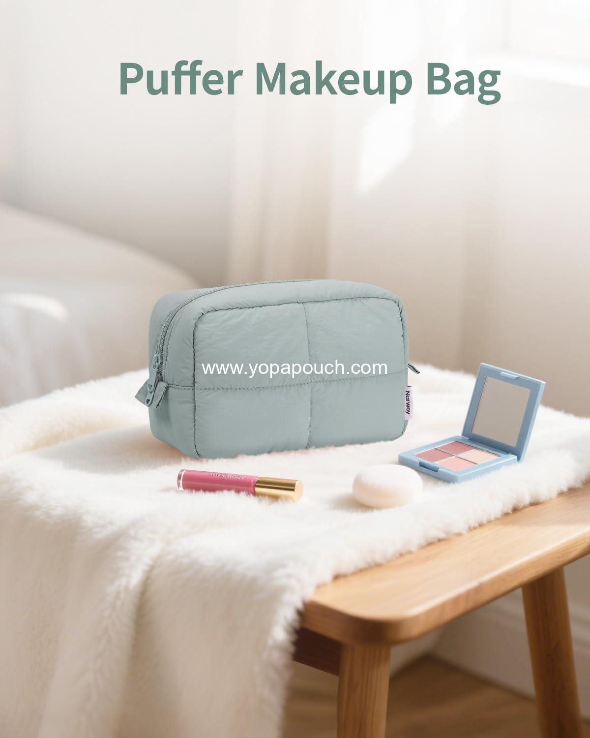 OEM Puffy Makeup Bag for Travel, Quilted Cosmetic Organizer, Cute Puffer Toiletry Bag for Women and Girls, Sage Green - Supplier