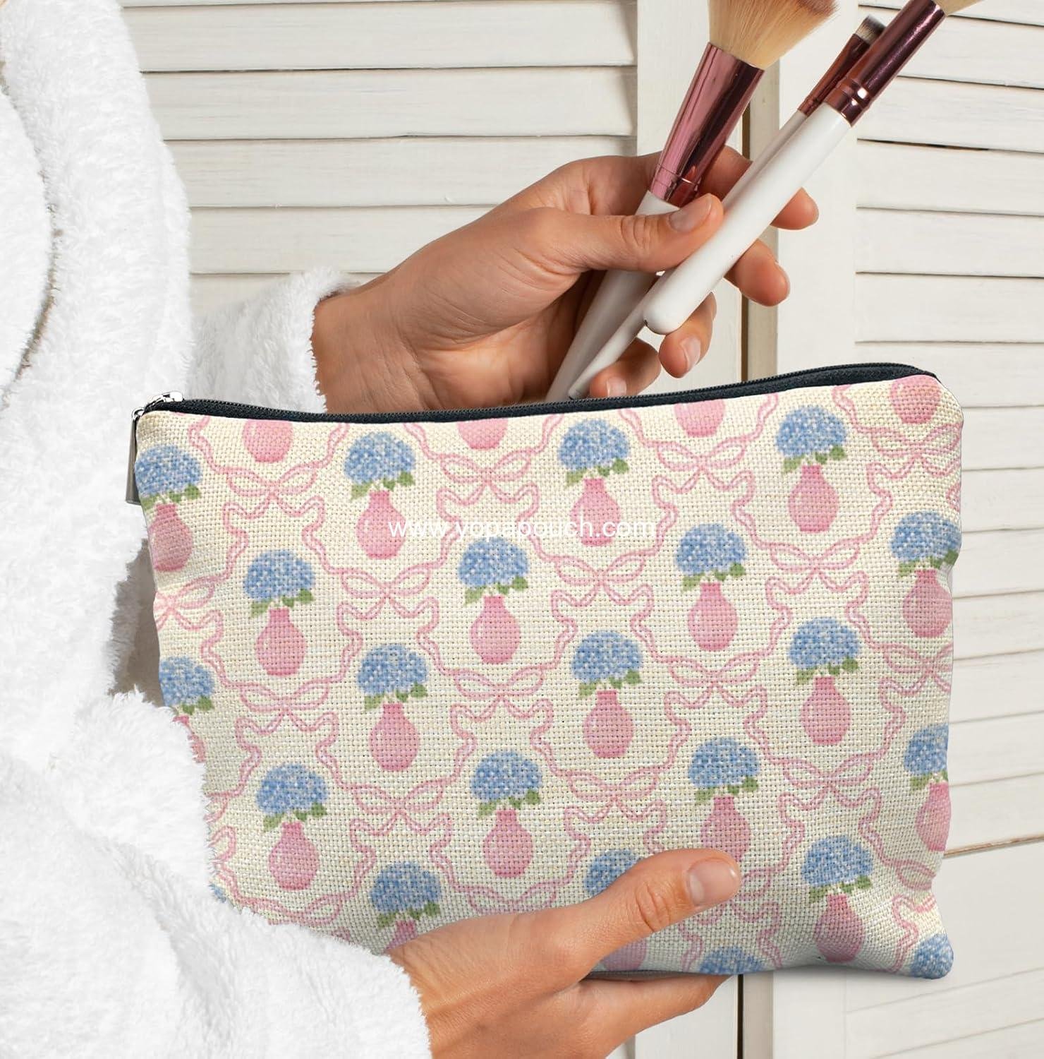 Wholesale Blue Hydrangea Flower Makeup Bag for Women with Preppy Pink Bow, Zipper Cosmetic Pouch and Hydrangea Gifts for Women  factory