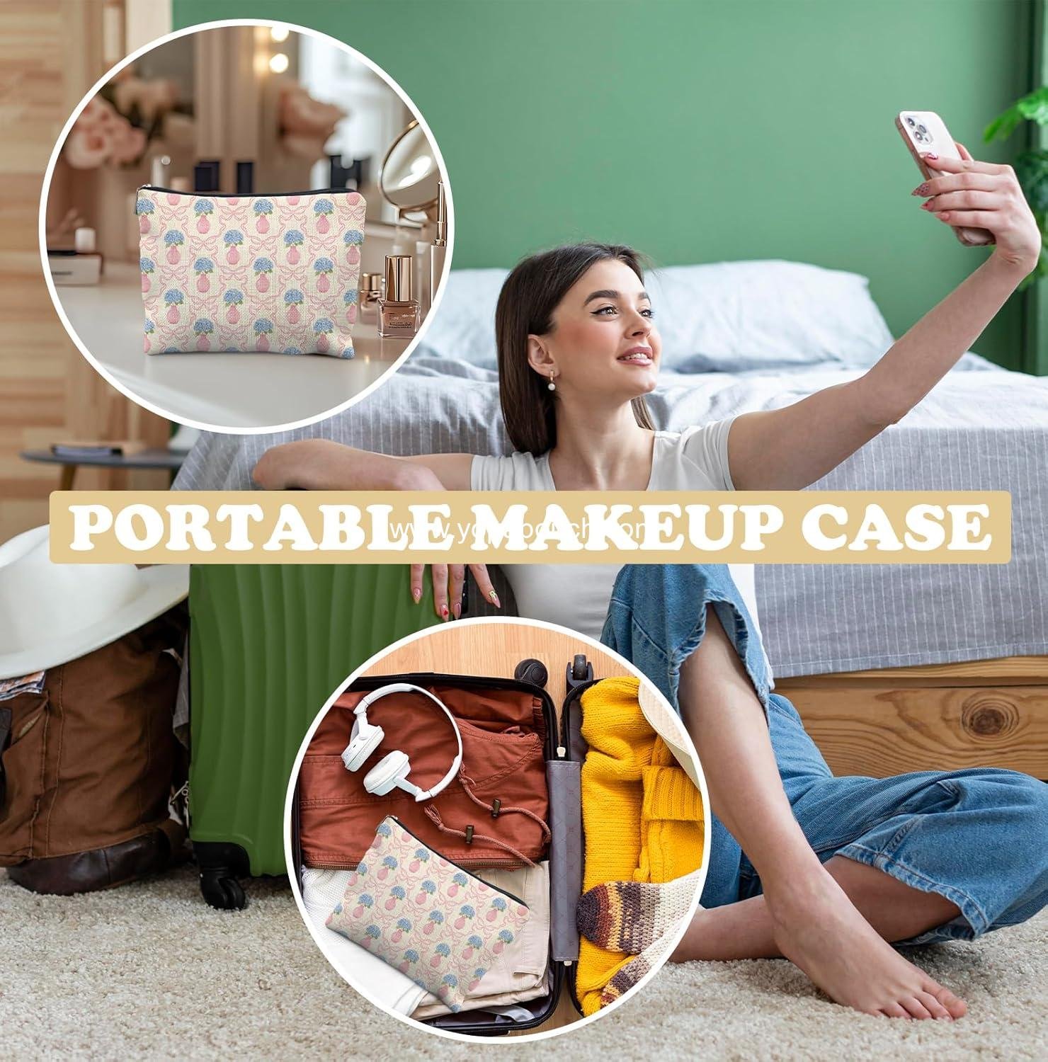 Wholesale Blue Hydrangea Flower Makeup Bag for Women with Preppy Pink Bow, Zipper Cosmetic Pouch and Hydrangea Gifts for Women  factory