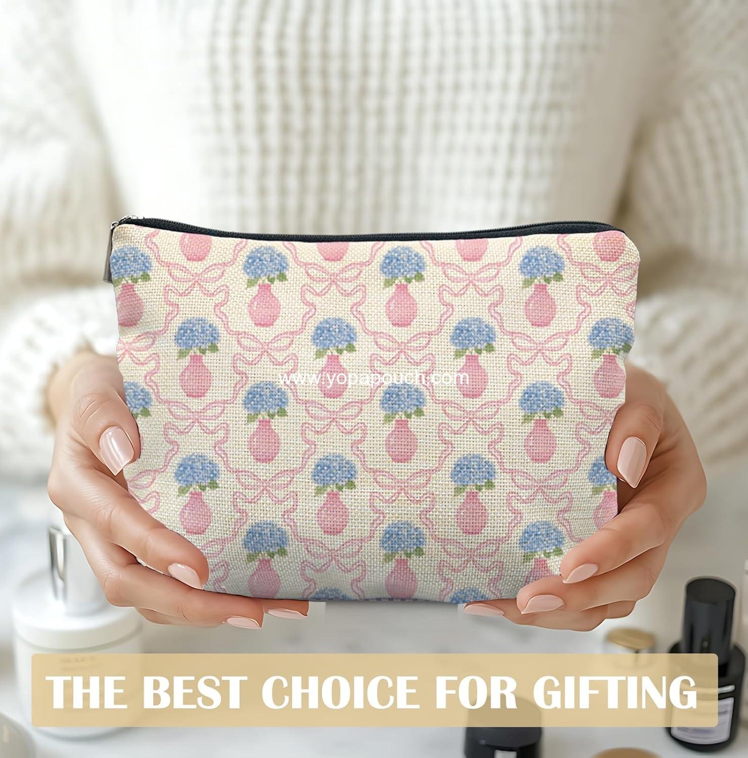 Wholesale Blue Hydrangea Flower Makeup Bag for Women with Preppy Pink Bow, Zipper Cosmetic Pouch and Hydrangea Gifts for Women  factory