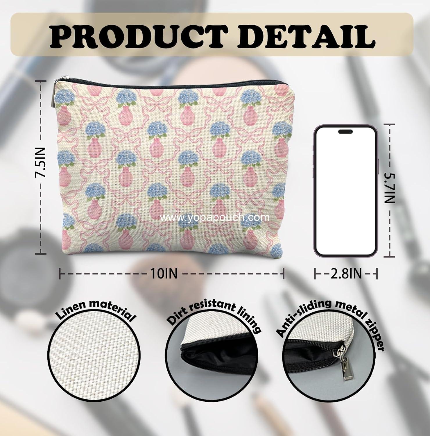 Wholesale Blue Hydrangea Flower Makeup Bag for Women with Preppy Pink Bow, Zipper Cosmetic Pouch and Hydrangea Gifts for Women  factory