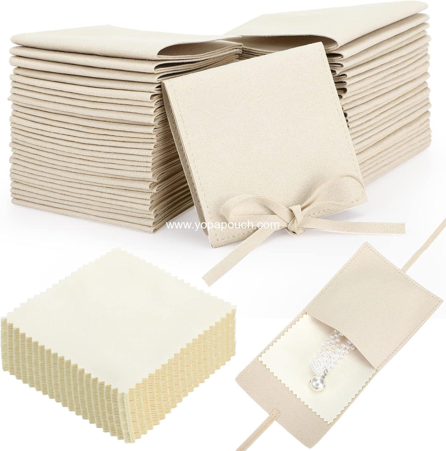 Cunno 120 Pcs Microfiber Jewelry Pouch 8 x 8cm Jewelry Packaging Bag Gift Bow Tie Bracelet with Cleaning Cloth(Beige)
