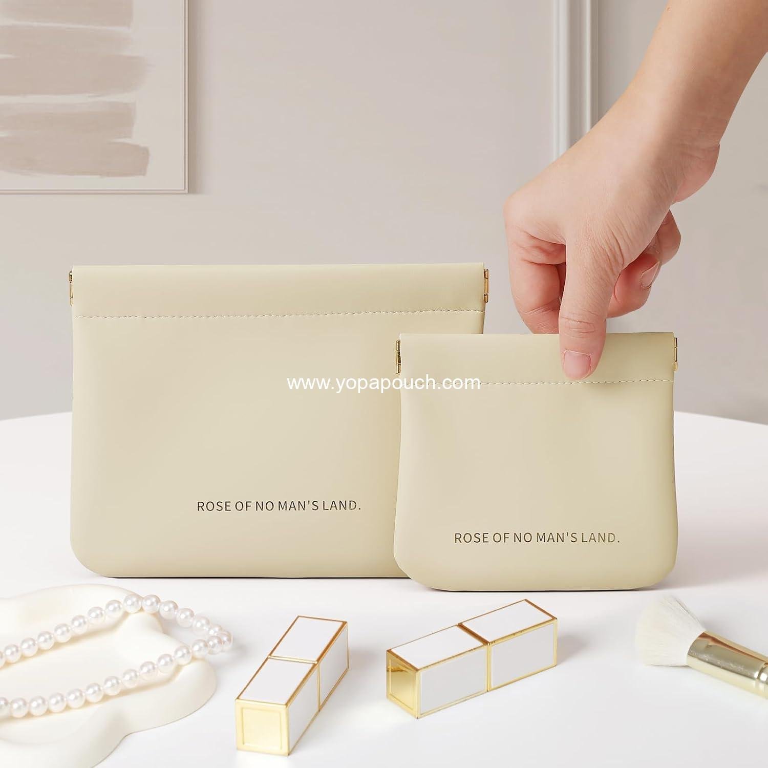 Wholesale Mini Makeup Bags - 2pcs Self-Closing Small Pouches for Purse, Organosilicon Super Fiber Leather Coin Purse for Women, Ideal for Travel, Cosmetics, Lipstick, Jewelry, Change, Card (Beige) Supplier