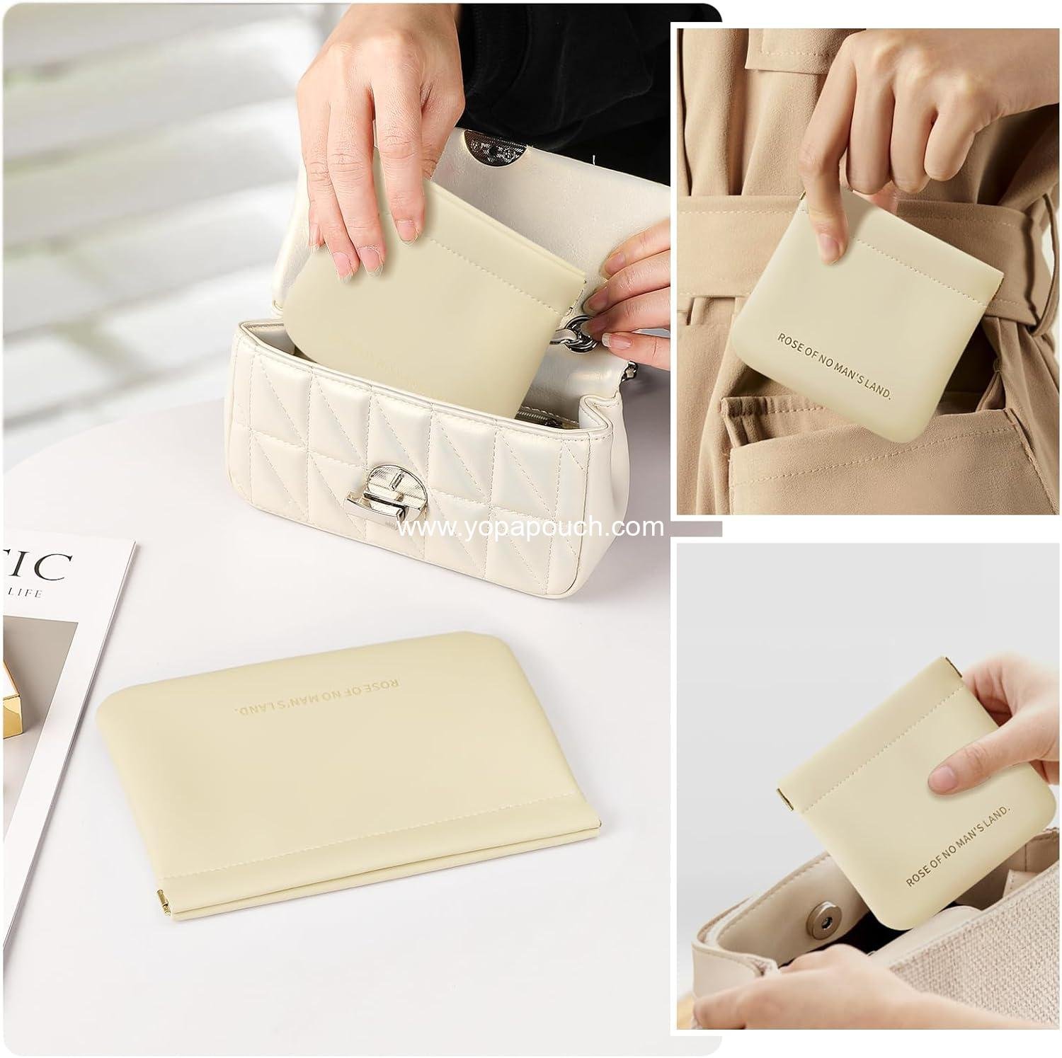 Wholesale Mini Makeup Bags - 2pcs Self-Closing Small Pouches for Purse, Organosilicon Super Fiber Leather Coin Purse for Women, Ideal for Travel, Cosmetics, Lipstick, Jewelry, Change, Card (Beige) Supplier