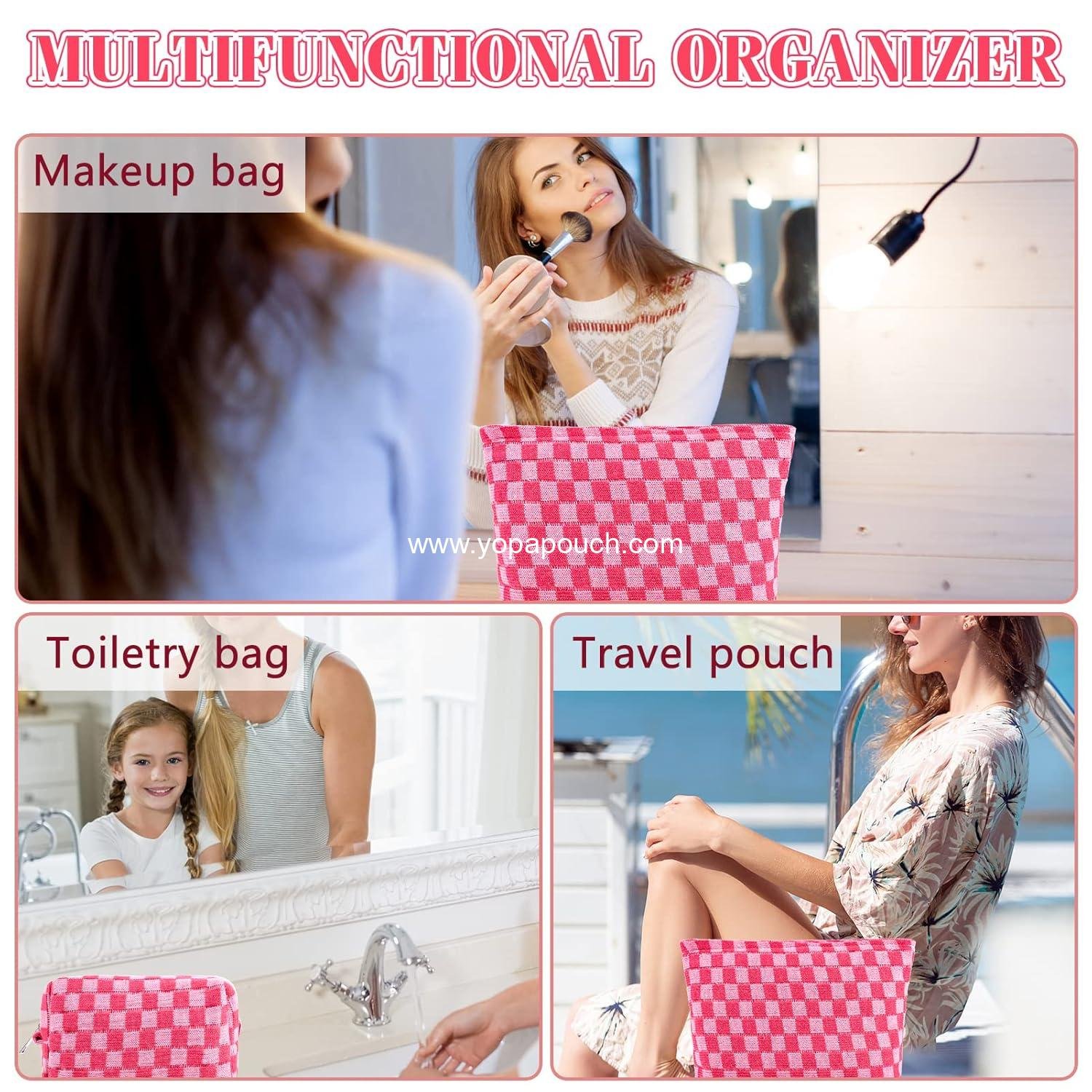 Wholesale Checkered Makeup Bag Set - Travel Toiletry Bags for Purse - Large & Small Pouches for Women - Cute Preppy Pencil Case - Pink Zipper Skincare Bags - Supplier