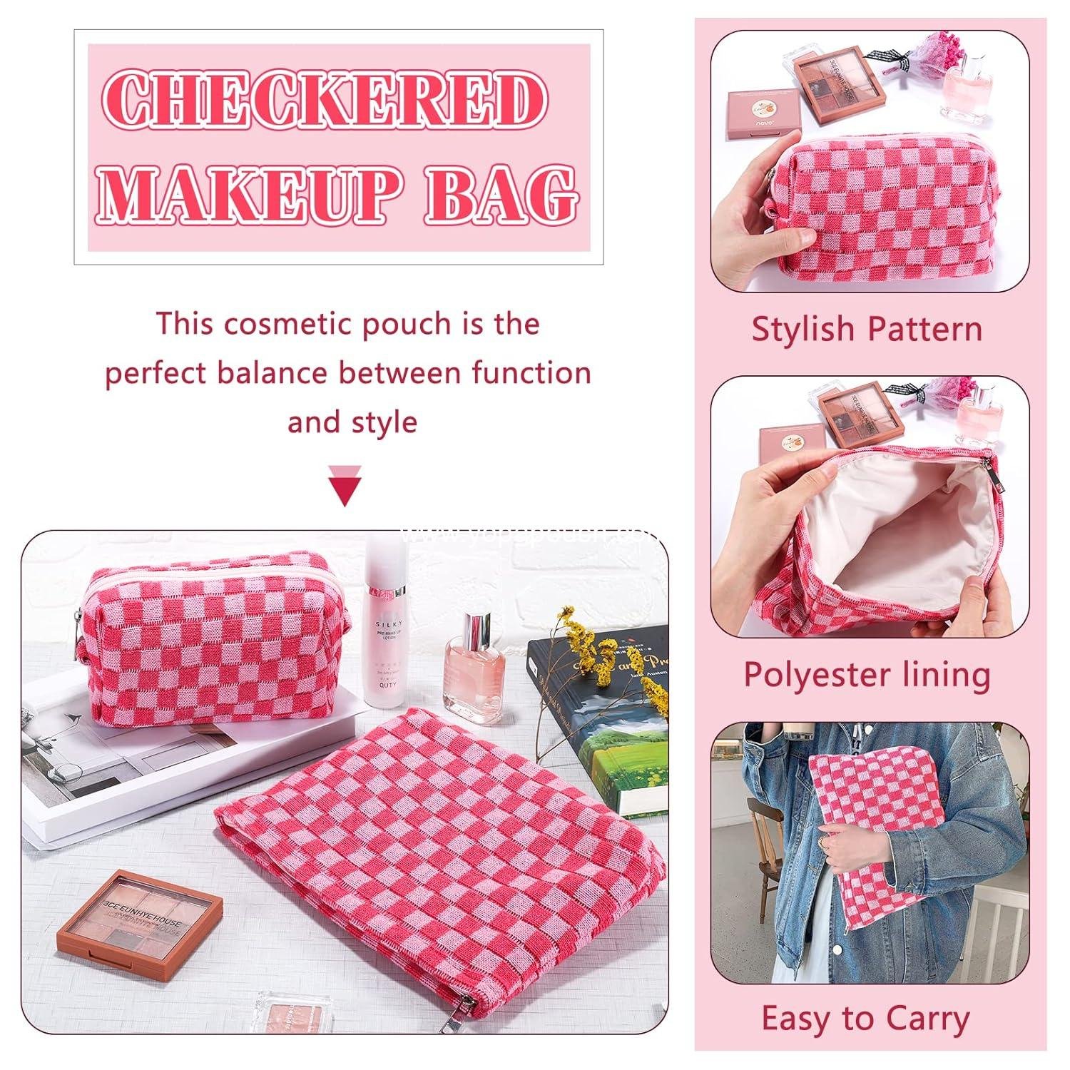 Wholesale Checkered Makeup Bag Set - Travel Toiletry Bags for Purse - Large & Small Pouches for Women - Cute Preppy Pencil Case - Pink Zipper Skincare Bags - Supplier