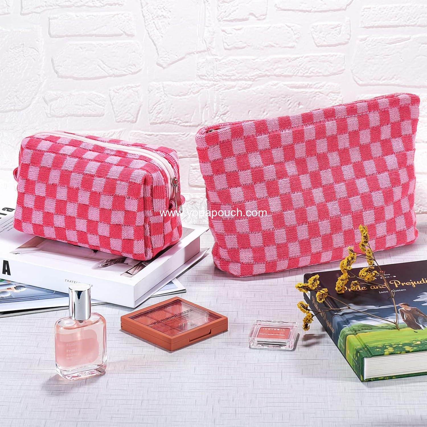 Wholesale Checkered Makeup Bag Set - Travel Toiletry Bags for Purse - Large & Small Pouches for Women - Cute Preppy Pencil Case - Pink Zipper Skincare Bags - Supplier