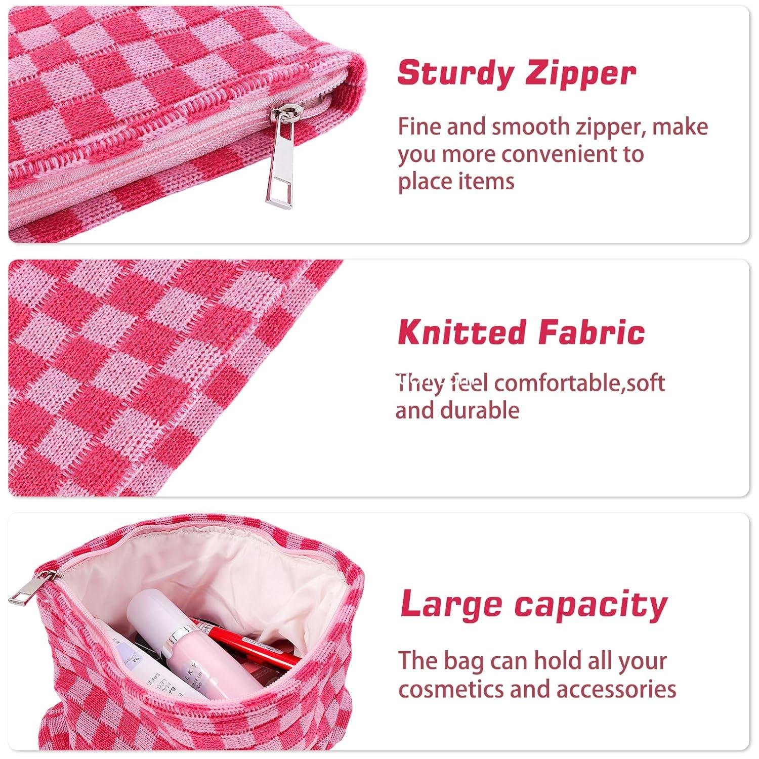 Wholesale Checkered Makeup Bag Set - Travel Toiletry Bags for Purse - Large & Small Pouches for Women - Cute Preppy Pencil Case - Pink Zipper Skincare Bags - Supplier