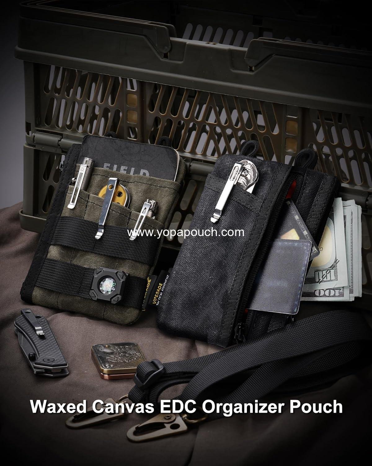 Wholesale Minimalist Waxed Canvas Zipper Wallet with 5 Pockets and 2 Slim Zipper Pouches for Everyday Carry (OD Green) - Supplier