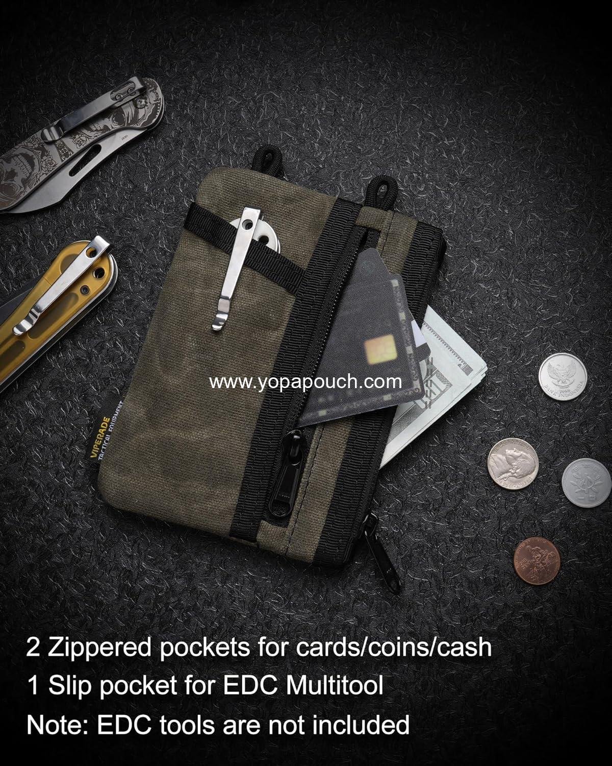 Wholesale Minimalist Waxed Canvas Zipper Wallet with 5 Pockets and 2 Slim Zipper Pouches for Everyday Carry (OD Green) - Supplier