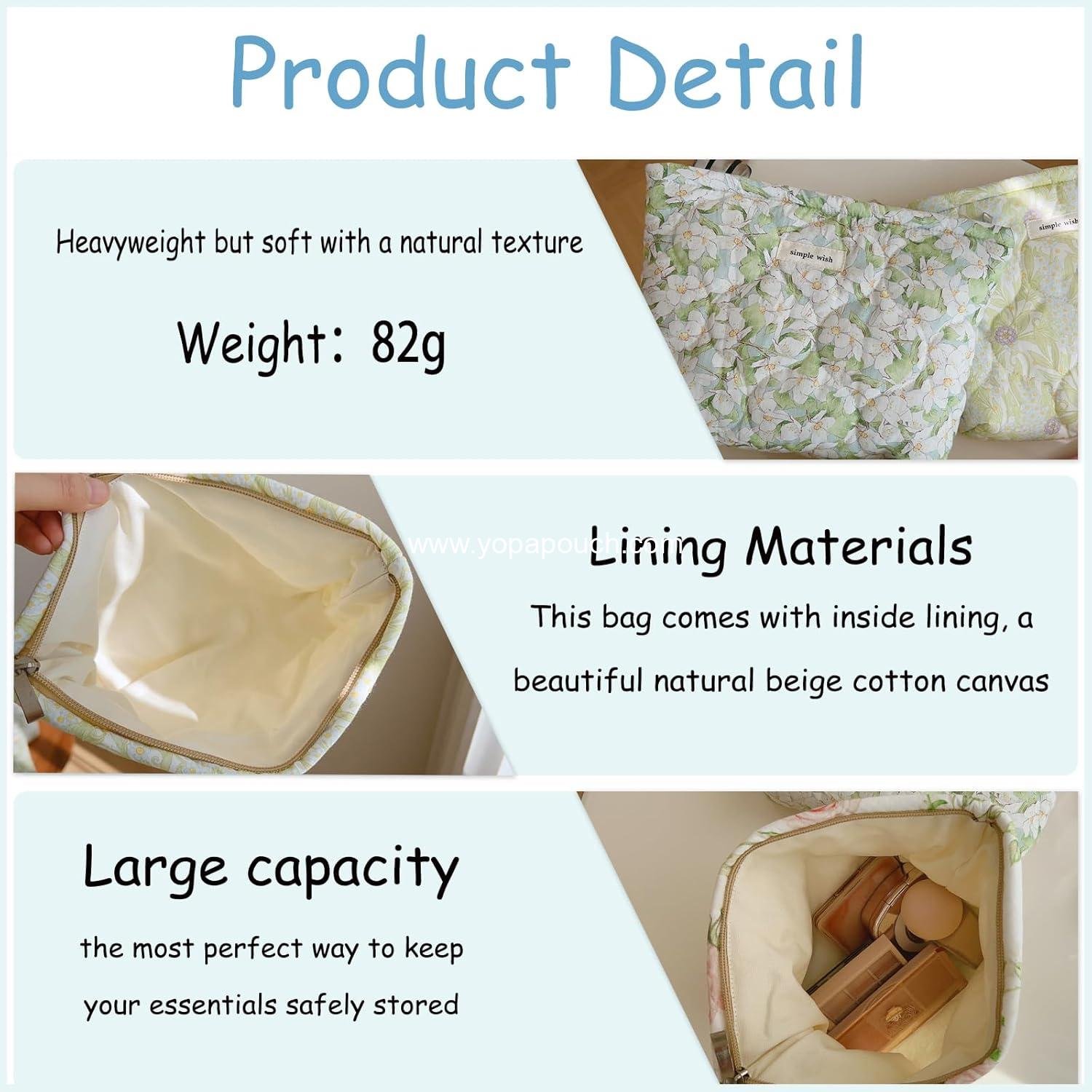 Wholesale Quilted Floral Cotton Makeup Pouch, Coquette Quilted Cosmetic Bag for Women and Girls, Aesthetic Organizer Bag, Cute Travel Toiletry Bags 01 Pink Little Flower Supplier