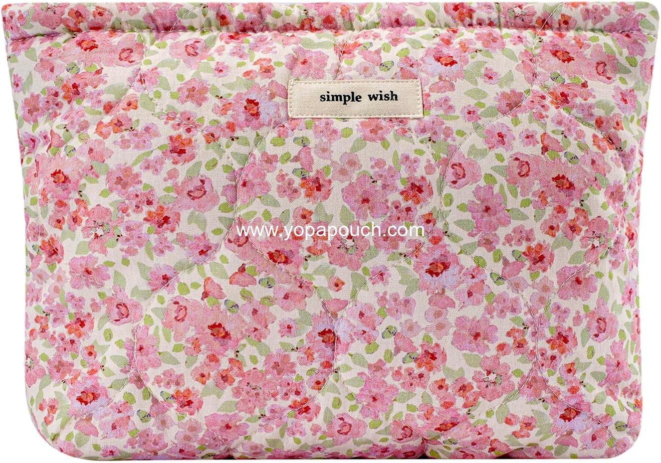 uekeboag Quilted Floral Cotton Makeup Pouch,Coquette Quilted Cosmetic Bag for Women and Girls, Aesthetic Organizer Bag, Flower Cute Travel Toiletry Bags(01Pink Little Flower)