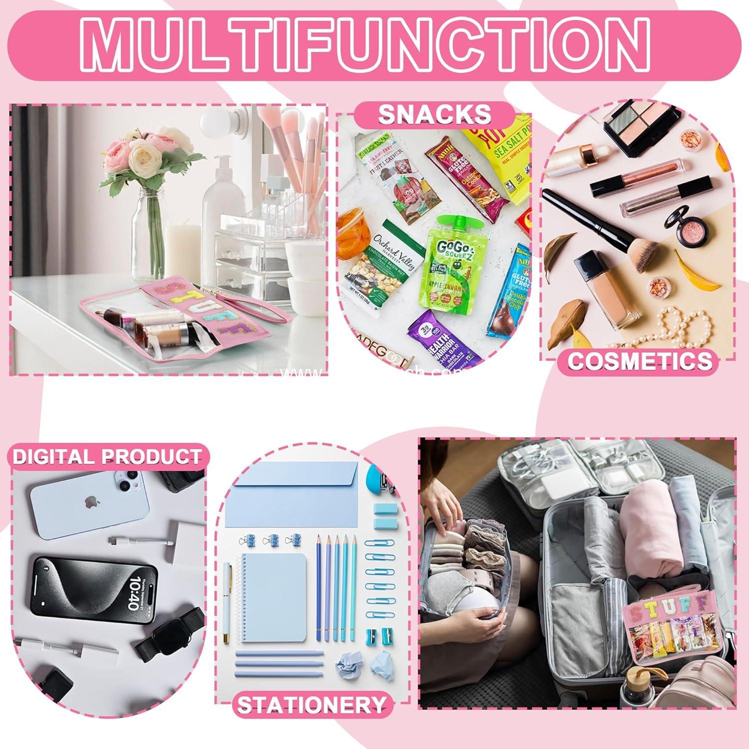 Wholesale Waterproof Snack Bag for Travel - 12.2x8.46 inch Clear Chenille Varsity Letter Flat Pouch with Zipper, Preppy Patch Makeup Cosmetic Tote for Women (Pink-Stuff) Supplier Wholesale Waterproof Snack Bag for Travel - 12.2x8.46 inch Clear Chenille Varsity Letter Flat Pouch with Zipper, Preppy Patch Makeup Cosmetic Tote for Women (Pink-Stuff) Supplier