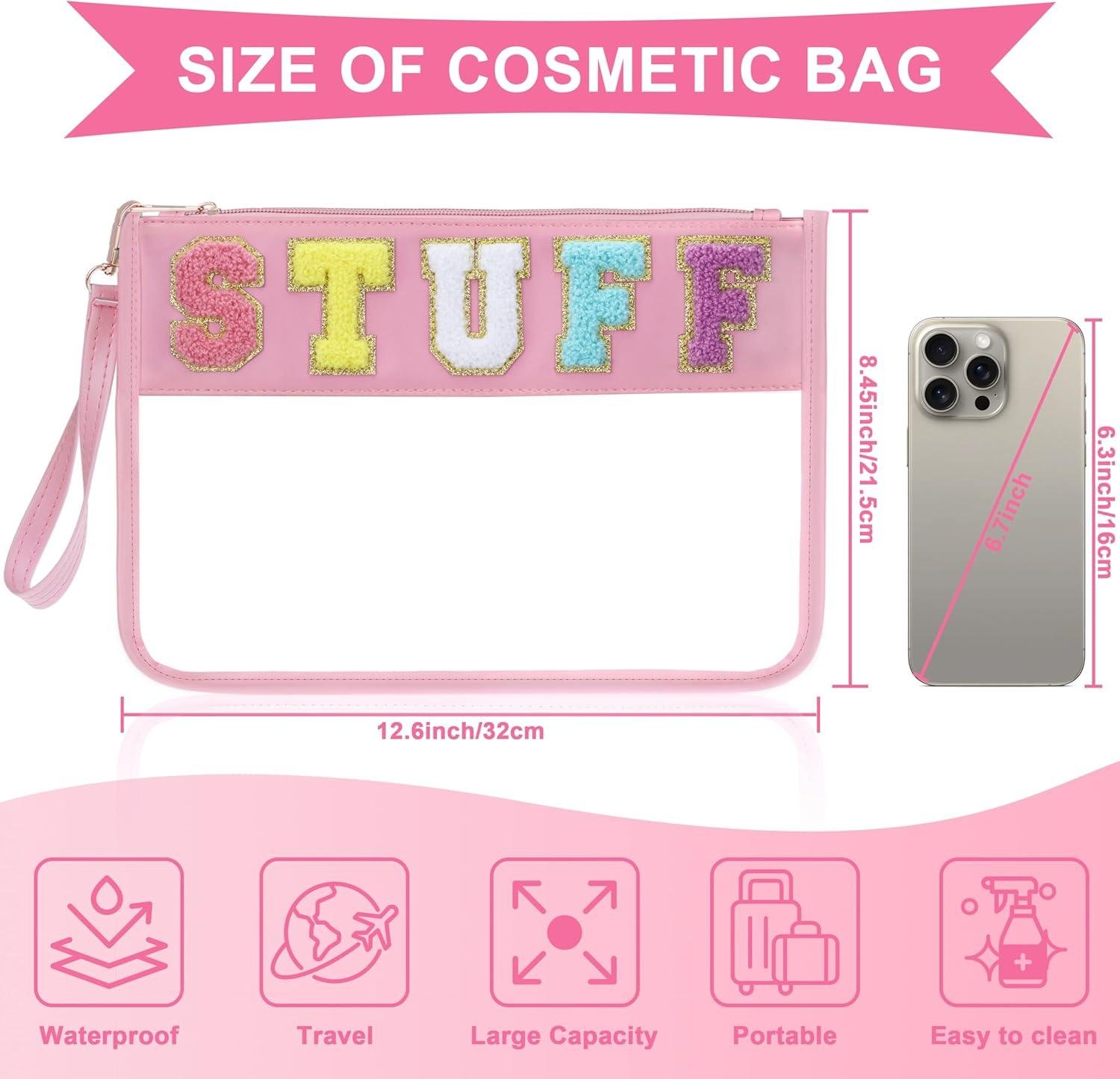 Wholesale Waterproof Snack Bag for Travel - 12.2x8.46 inch Clear Chenille Varsity Letter Flat Pouch with Zipper, Preppy Patch Makeup Cosmetic Tote for Women (Pink-Stuff) Supplier Wholesale Waterproof Snack Bag for Travel - 12.2x8.46 inch Clear Chenille Varsity Letter Flat Pouch with Zipper, Preppy Patch Makeup Cosmetic Tote for Women (Pink-Stuff) Supplier