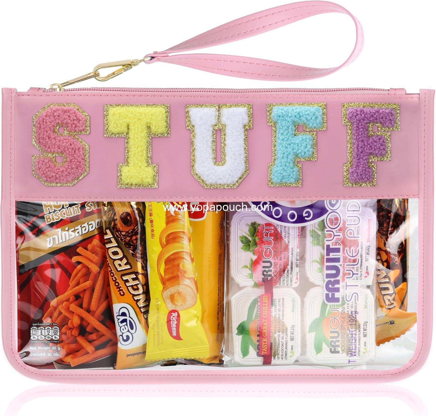 Snack Bag for Travel - Clear Chenille Varsity Letter Flat Pouch with Zipper, 12.2×8.46 inch Waterproof Clear PVC&PU Preppy Patch Makeup Cosmetic tote Bags for Women (Pink-Stuff)