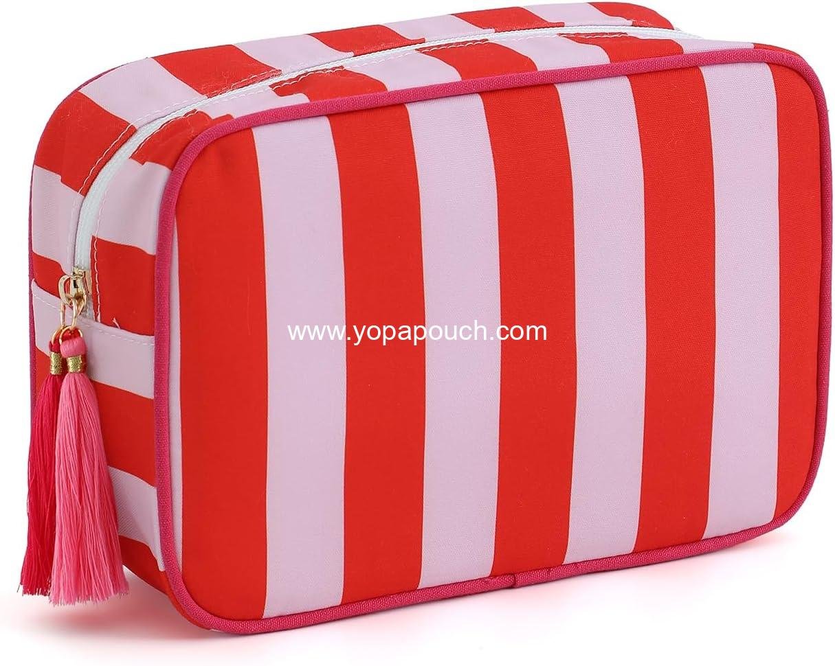 Stripe Makeup Bag Travel Cosmetic Bag Organizer Tassel Toiletry Bag Large Canvas Zipper Pouch and Accessories Storage Bag for Women