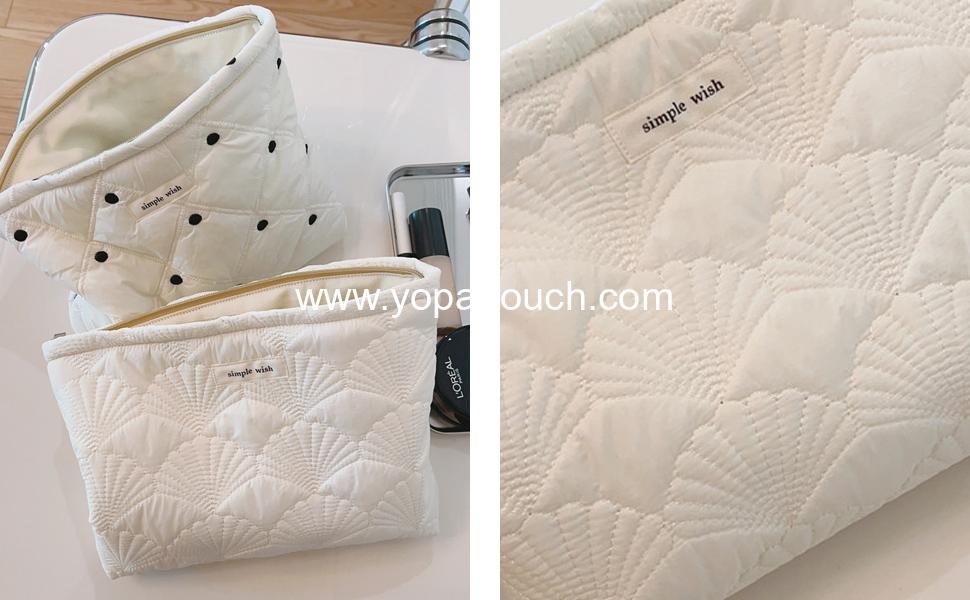 Wholesale White Quilted Cotton Makeup Pouch, Coquette Quilted Toiletry Bag for Women and Girls, Floral Organizer, Aesthetic Travel Cosmetic Bag (03 White Shells) Supplier