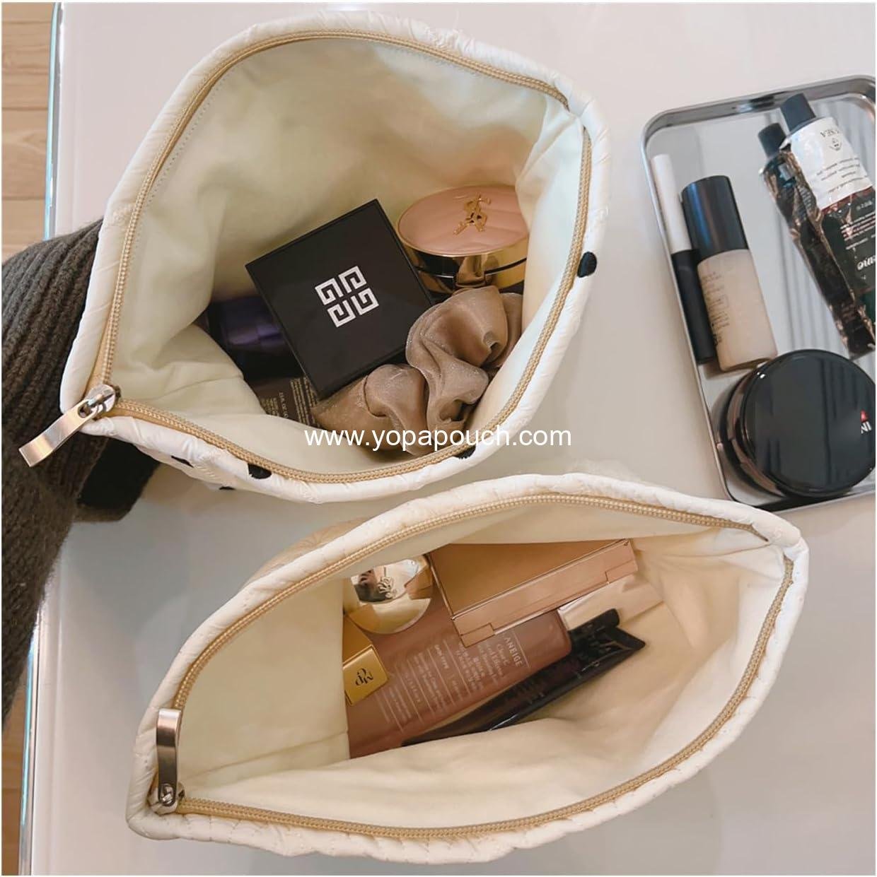 Wholesale White Quilted Cotton Makeup Pouch, Coquette Quilted Toiletry Bag for Women and Girls, Floral Organizer, Aesthetic Travel Cosmetic Bag (03 White Shells) Supplier