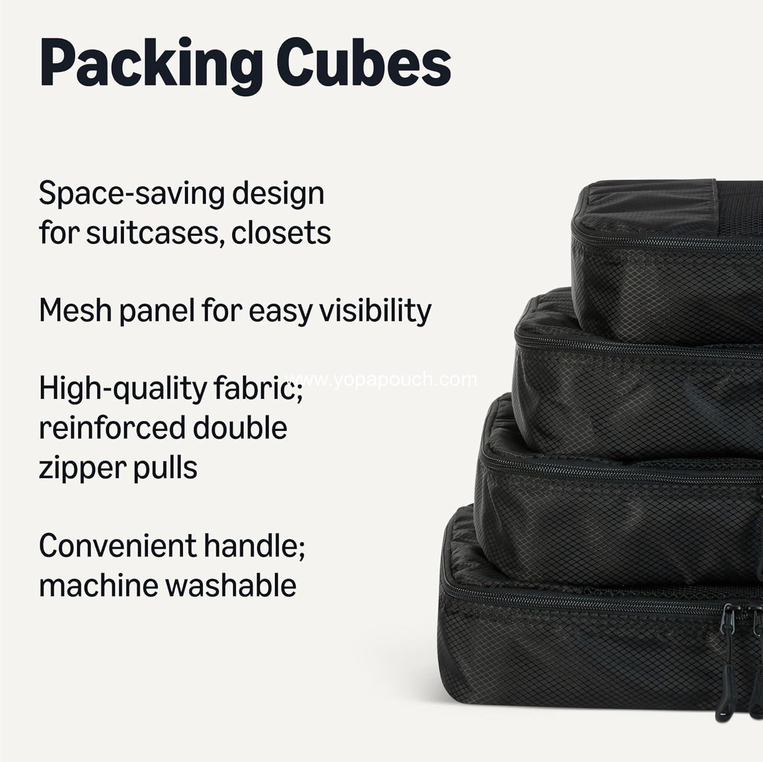 Wholesale 4-Piece Packing Cubes Travel Accessories Set, Luggage Organizer with Double Zipper and Mesh Top, Medium Size, Black - Manufacturer Wholesale 4-Piece Packing Cubes Travel Accessories Set, Luggage Organizer with Double Zipper and Mesh Top, Medium Size, Black - Manufacturer