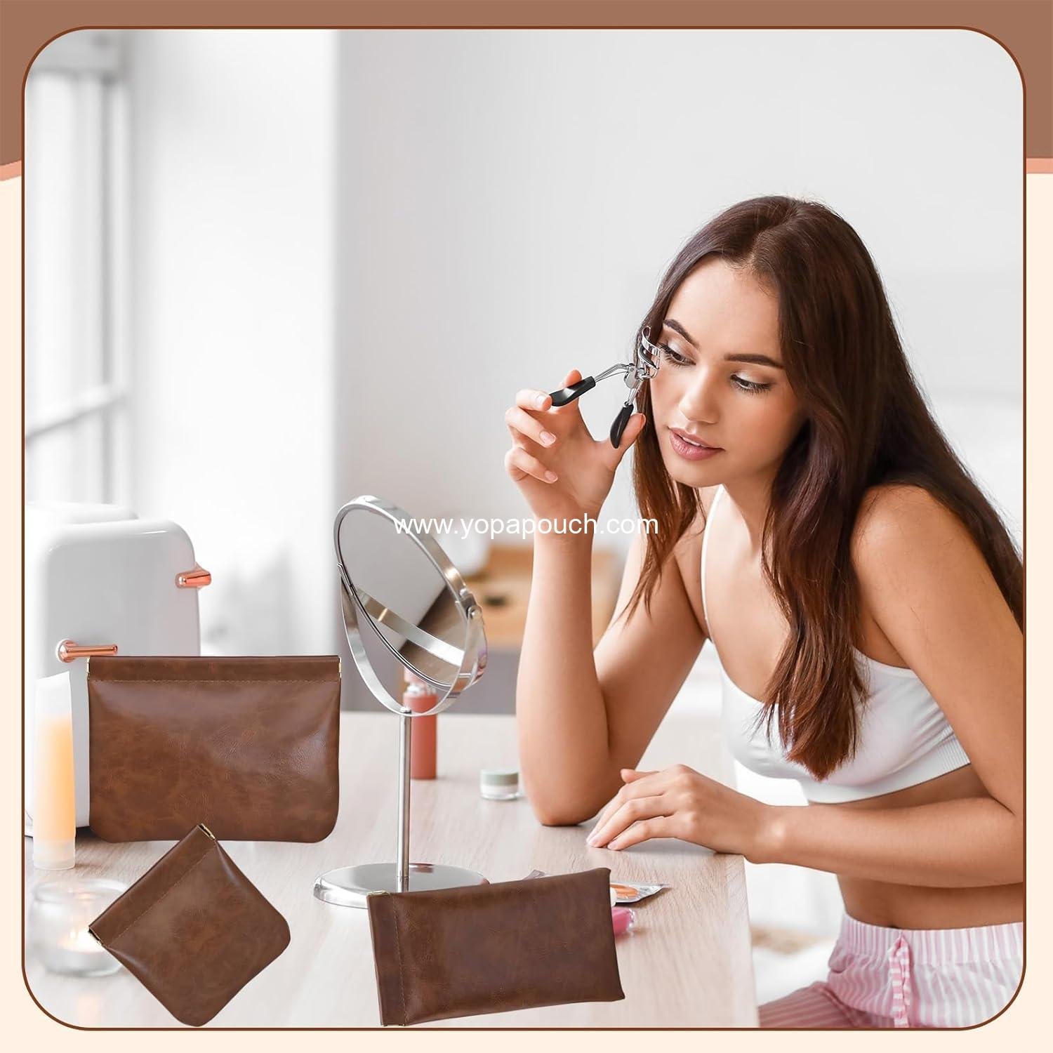 Wholesale 3Pcs Cosmetic Storage Bag Snap Closure Leather Organizer Pouch Small Leather Pouch for Women PU Leather Various Sizes Low-Key Brown Easy to Carry Factory