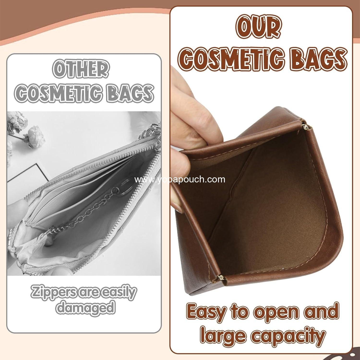 Wholesale 3Pcs Cosmetic Storage Bag Snap Closure Leather Organizer Pouch Small Leather Pouch for Women PU Leather Various Sizes Low-Key Brown Easy to Carry Factory
