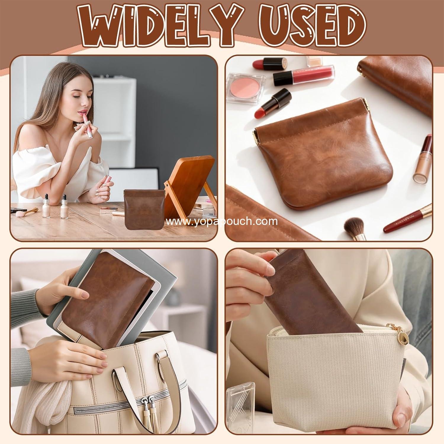 Wholesale 3Pcs Cosmetic Storage Bag Snap Closure Leather Organizer Pouch Small Leather Pouch for Women PU Leather Various Sizes Low-Key Brown Easy to Carry Factory